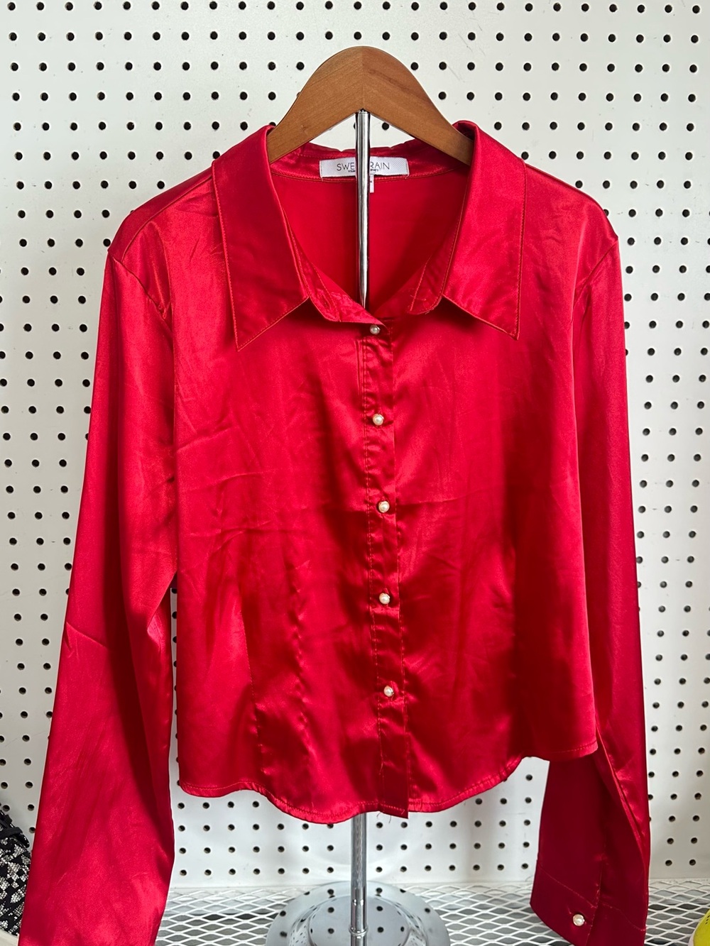 Sweet Rain Vibrant Red Satin Button-Front Shirt